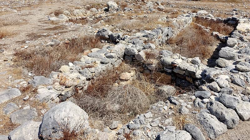 An open excavation unit with string grid lines, a trowel and a scale bar resting on layered soil.